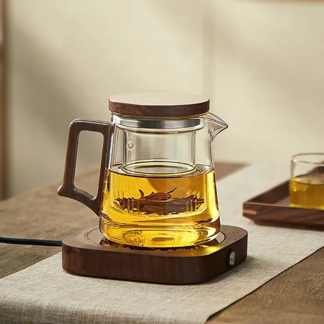 High Borosilicate Teapot with Walnut Handle Elegant Heat Resistant Glass Teapot. Tableware Teapots