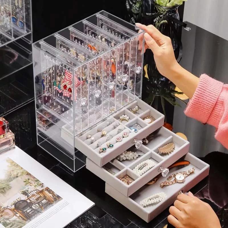 High End Luxury Jewelry Storage Organizer Large Transparent Acrylic Jewelry Box with 3 Drawers Dustproof Display Rack European Style Accessories Jewelry Boxes