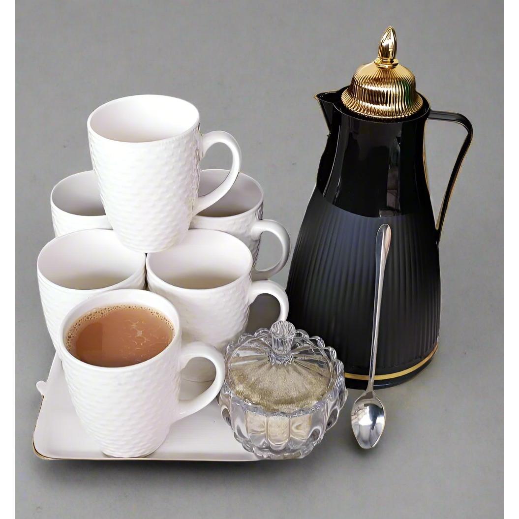 High Quality 7 Piece Tea Set| Includes 6 Mugs, 1L Flask, Tea Spoons & Sugar Dish