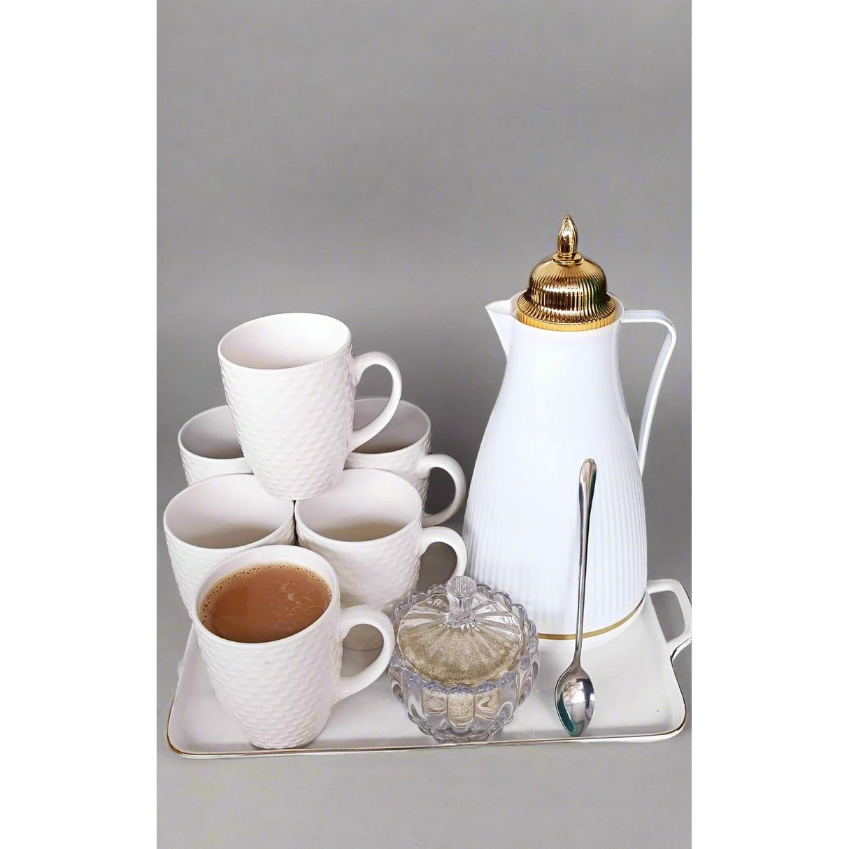 High Quality 7 Piece Tea Set| Includes 6 Mugs, 1L Flask, Tea Spoons & Sugar Dish