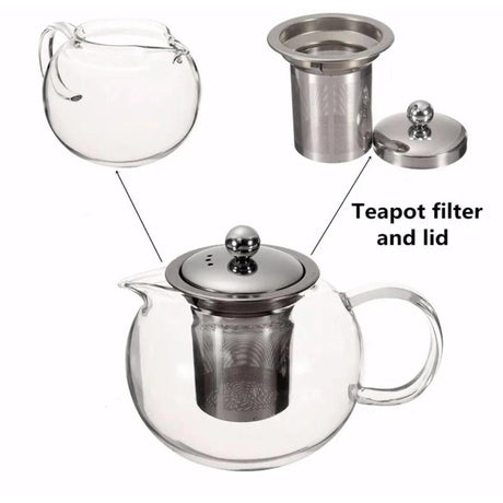 High Quality Borosilicate Glass Kettle with Sieve 600ml, Clear Round Design with Steel Filter