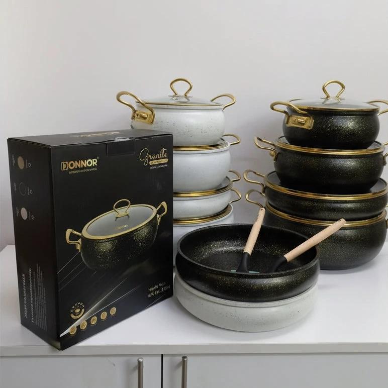 High Quality DONNOR Heavy 11 Piece Granite Cooking & Serving Pot Set | Elegant Black & White Cookware Cookware Sets
