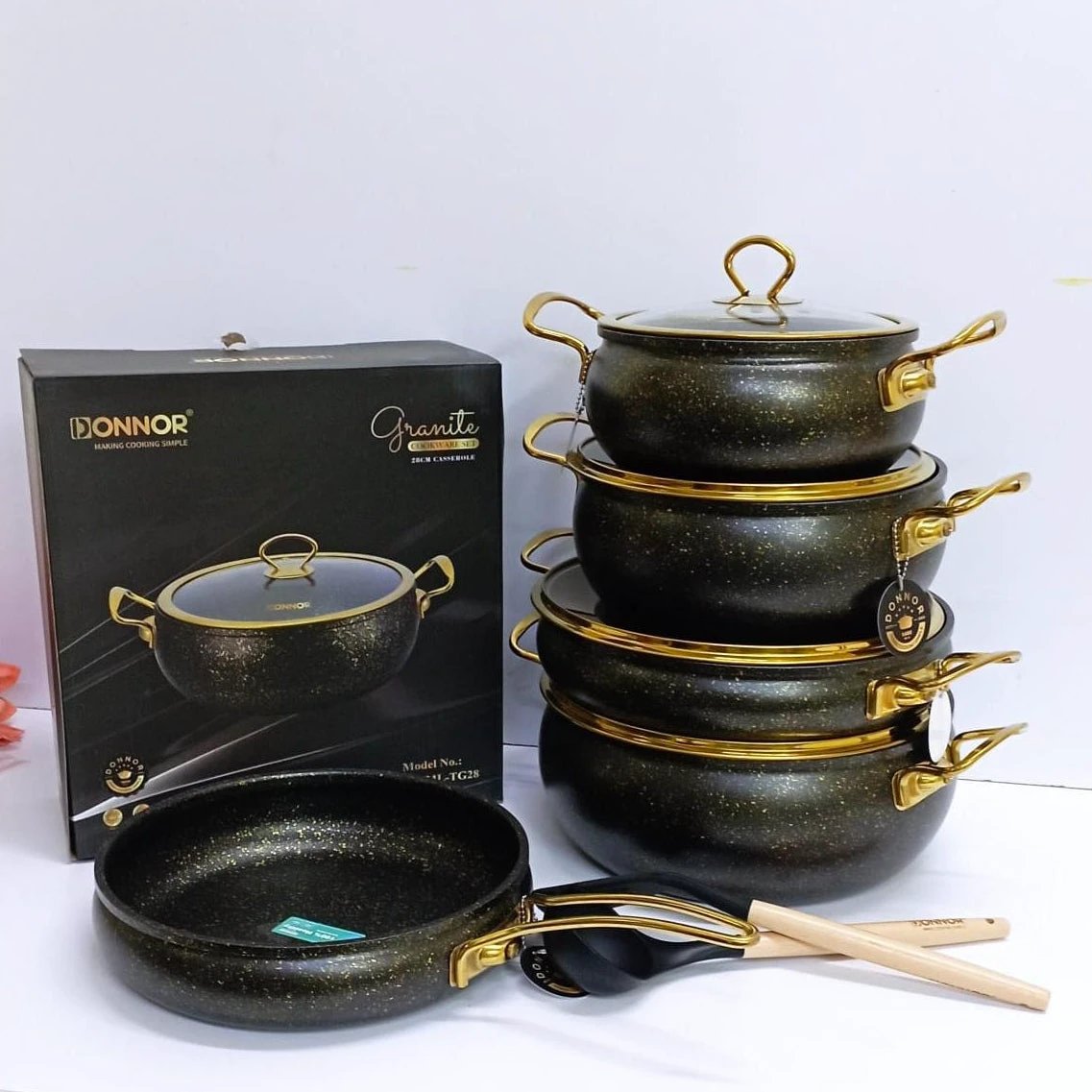 High Quality DONNOR Heavy 11 Piece Granite Cooking & Serving Pot Set | Elegant Black & White Cookware Cookware Sets