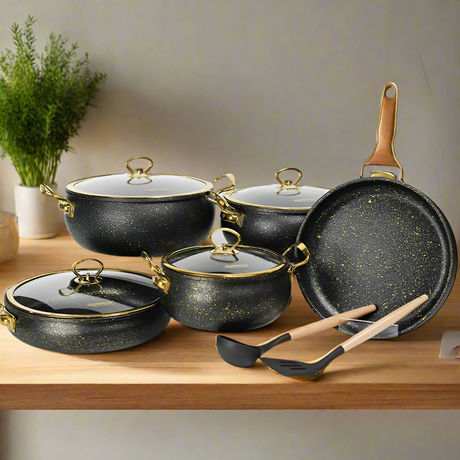 High Quality Heavy Elegant 11pcs Donnor Granite Serving|Cooking Pots Granite Black Gold