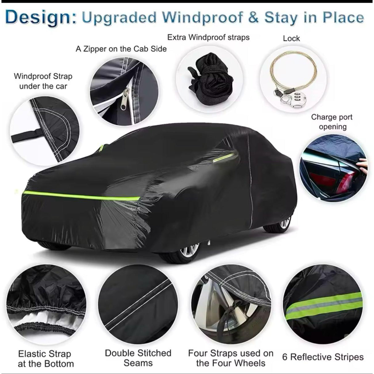 High Quality Universal Black Car Cover with Inner Fleece and Side Reflectors