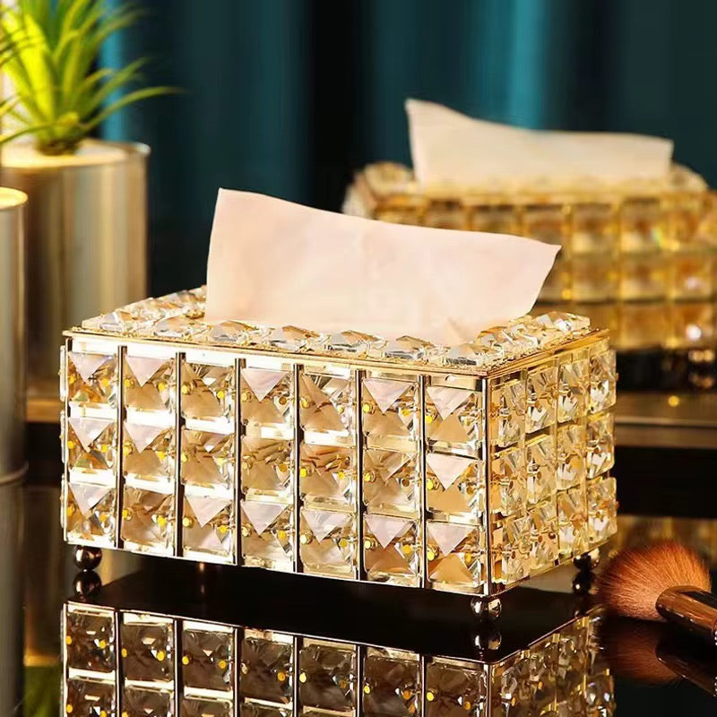 Luxury Crystal Tissue Box Holder – Gold & Silver | Elegant Serviette Organizer