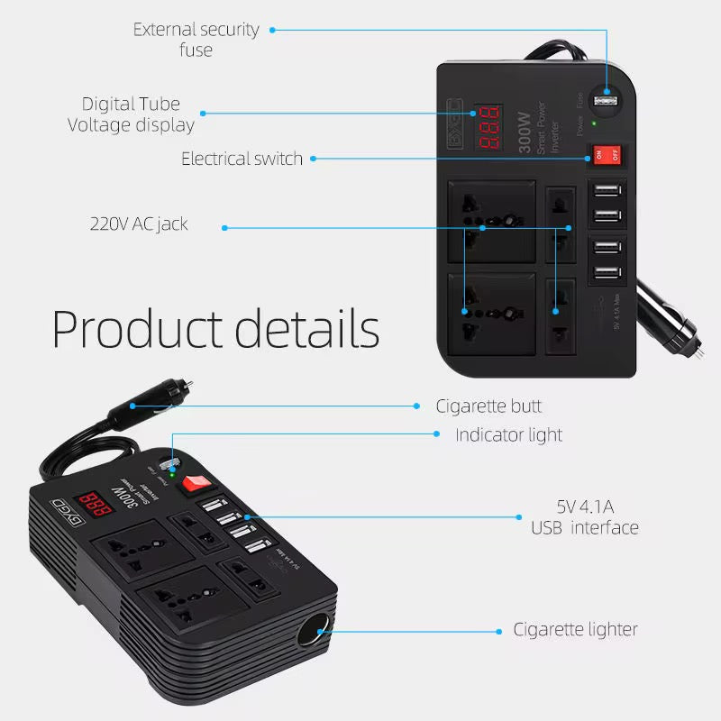 300W Car Power Inverter 12V to 220V Converter with 4 USB Ports & 2 AC Sockets.