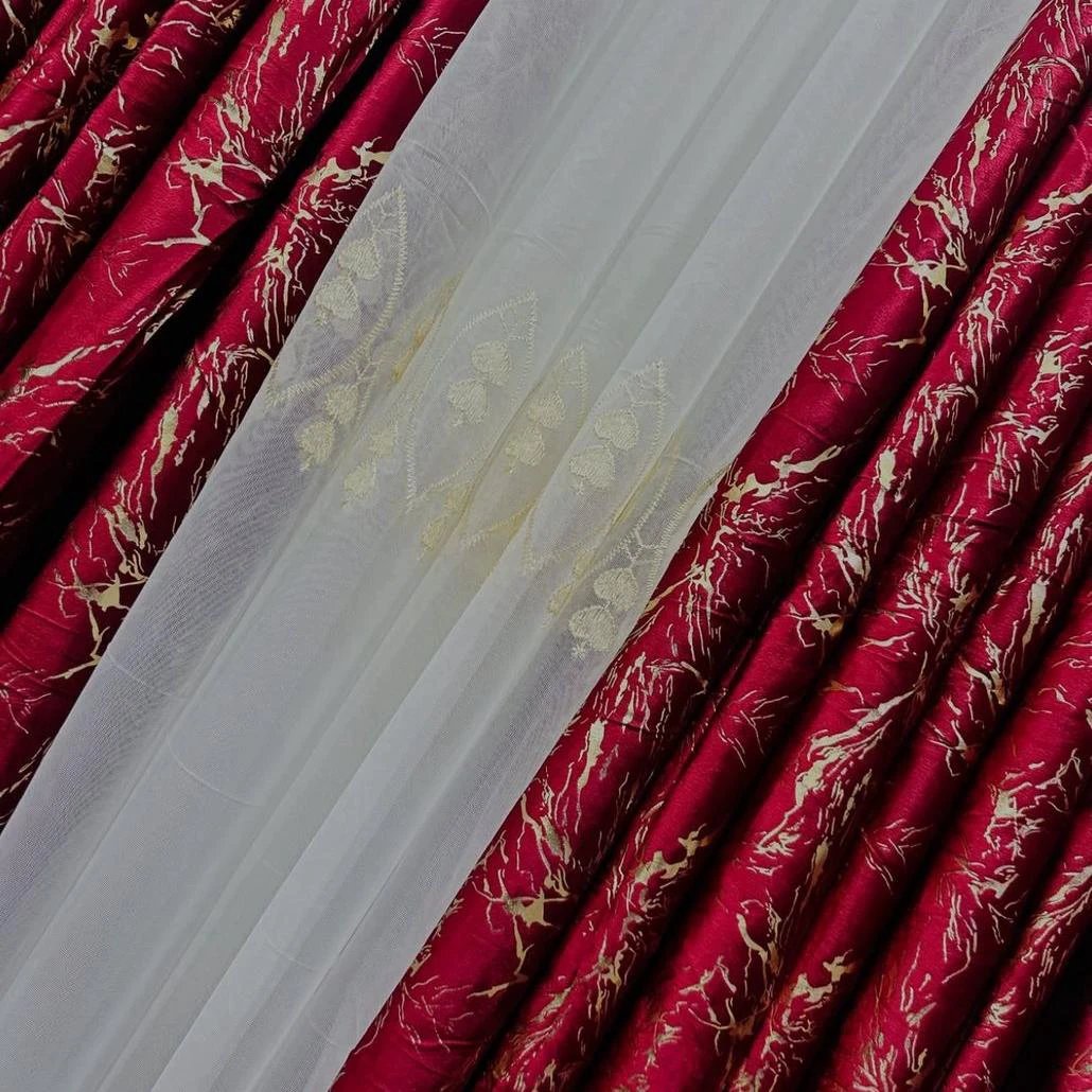 3pcs Elegant Window Curtains Set with Sheer – Maroon with Thunder Patch Design (Height 2.5m) Curtain Holdbacks