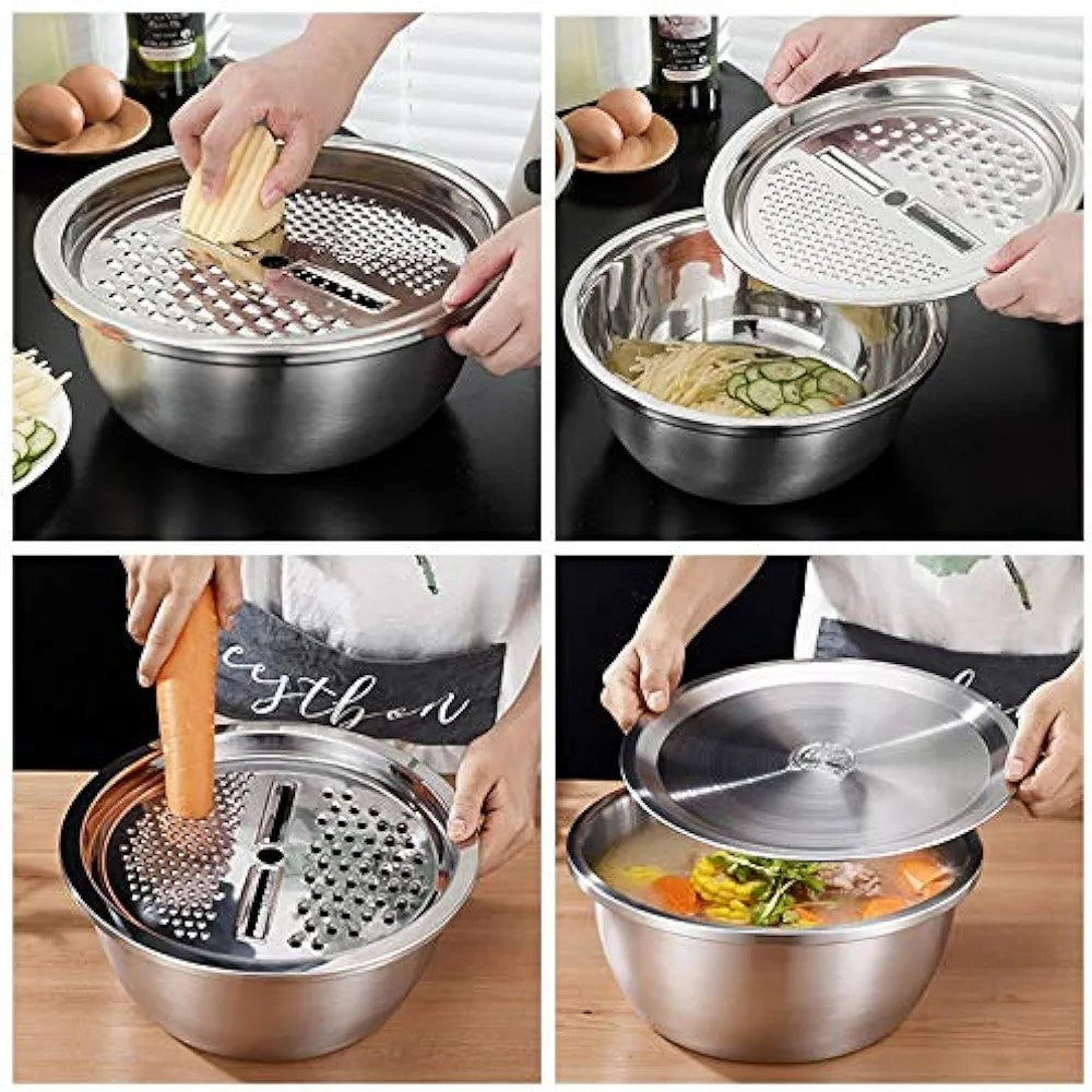4PCS Set 304 Stainless Steel Bowl with Lid - Colander & Mixing Bowl 26cm