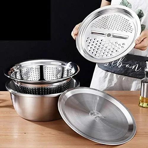 4PCS Set 304 Stainless Steel Bowl with Lid - Colander & Mixing Bowl 26cm Kitchen & Dining Colanders & Strainers
