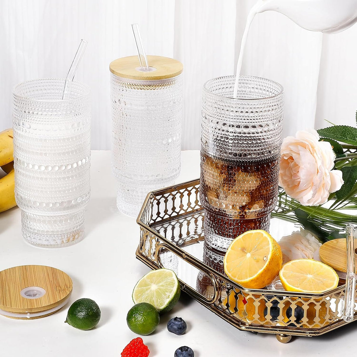 475ml Glass Cups with Lids and Straws - Vintage Embossed Tumbler