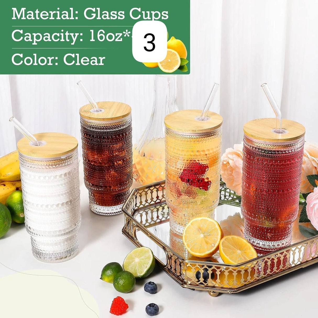 475ml Glass Cups with Lids and Straws - Vintage Embossed Tumbler Kitchen & Dining Tumblers