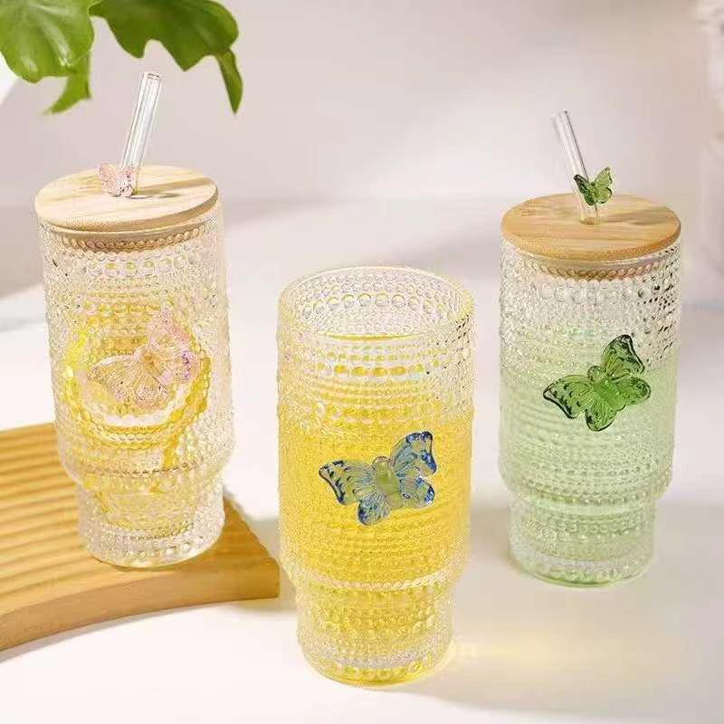 475ml Glass Cups with Lids and Straws - Vintage Embossed Tumbler Kitchen & Dining Tumblers