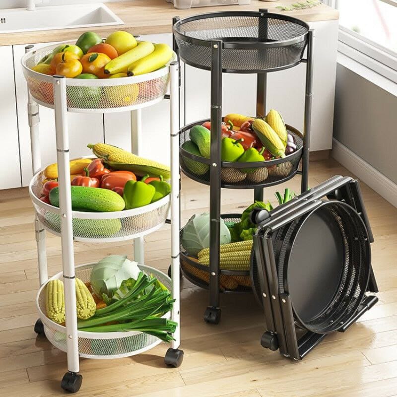Foldable Round Rotating 3-Tier Metallic Storage Rack with Wheels