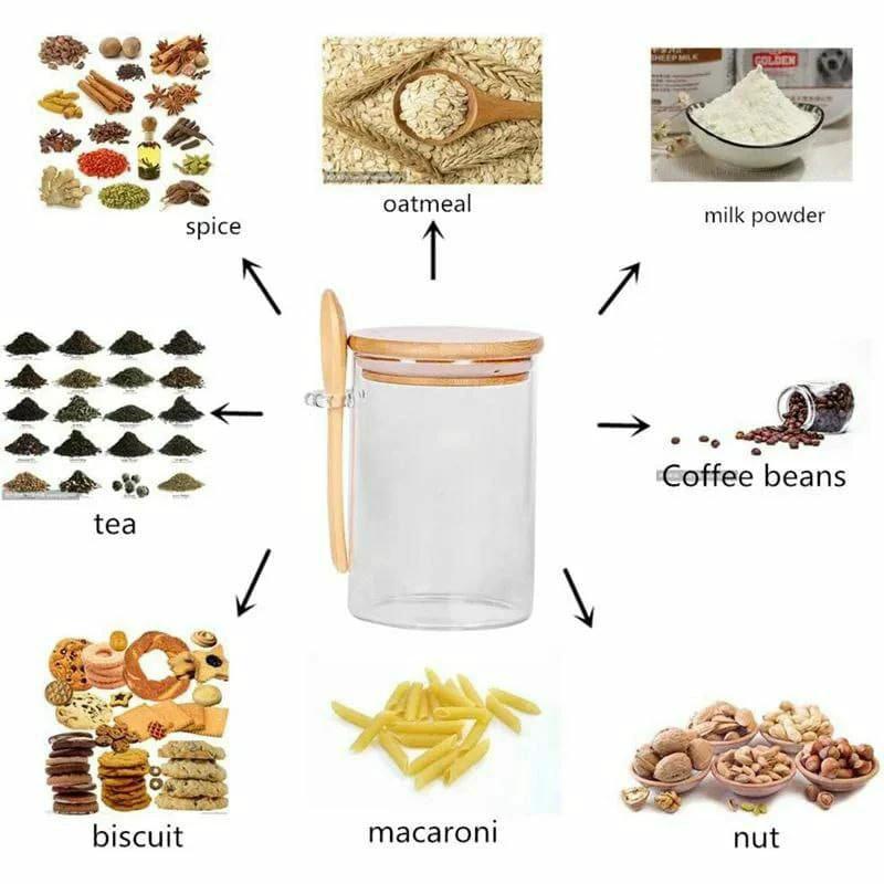 Glass Spice Storage Canister with Wooden Spoon Airtight 420ml Spices storage can Food Storage Containers