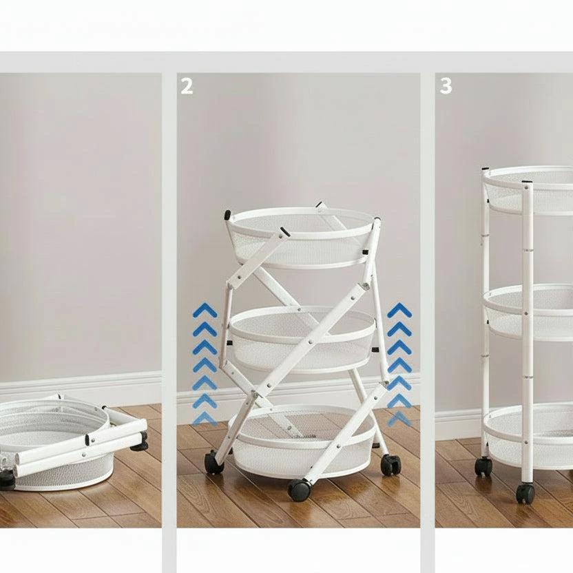 Foldable Round Rotating 3-Tier Metallic Storage Rack with Wheels Foldable multi layer Carts