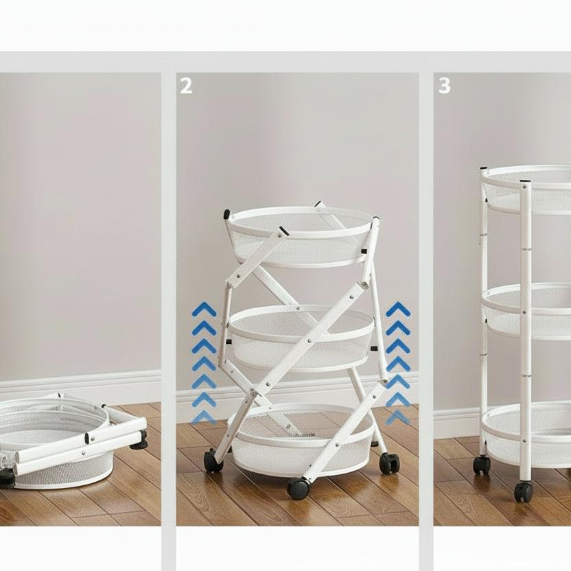 Foldable Round Rotating 3-Tier Metallic Storage Rack with Wheels