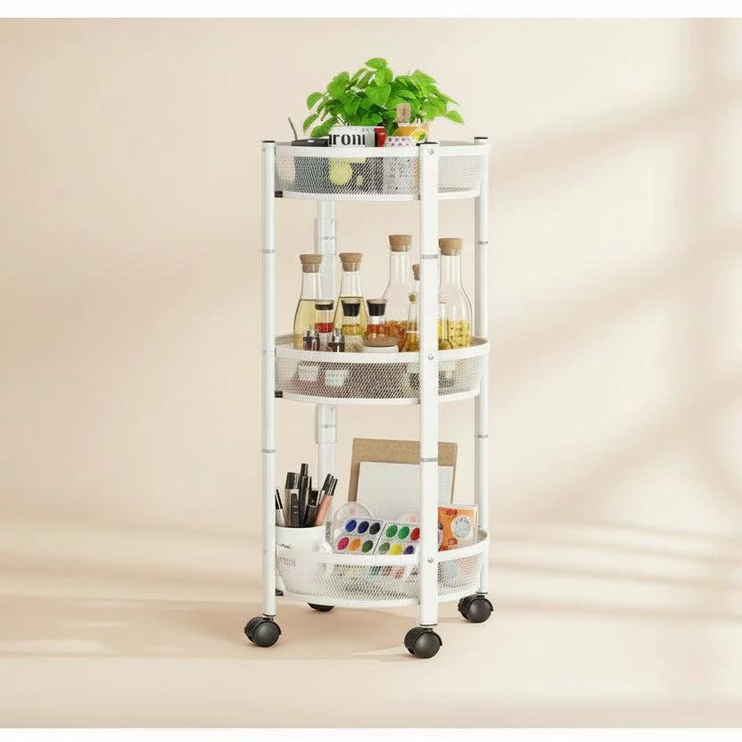 Foldable Round Rotating 3-Tier Metallic Storage Rack with Wheels Foldable multi layer Carts