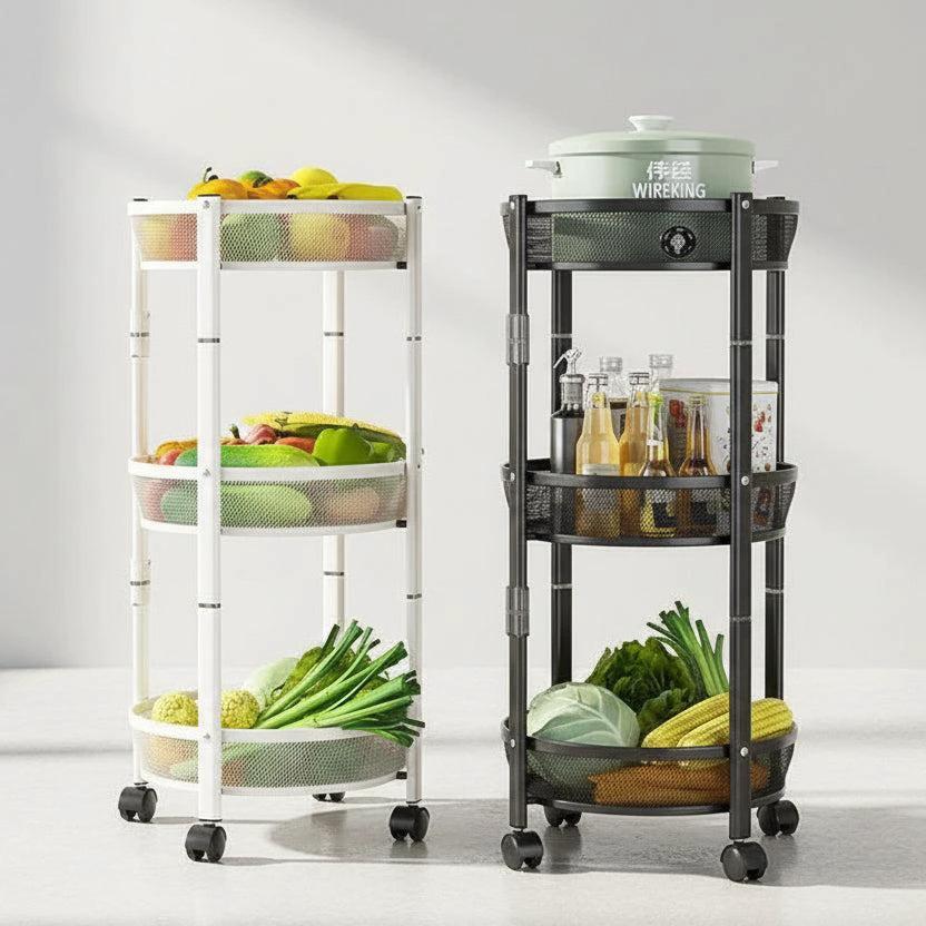 Foldable Round Rotating 3-Tier Metallic Storage Rack with Wheels Foldable multi layer Carts