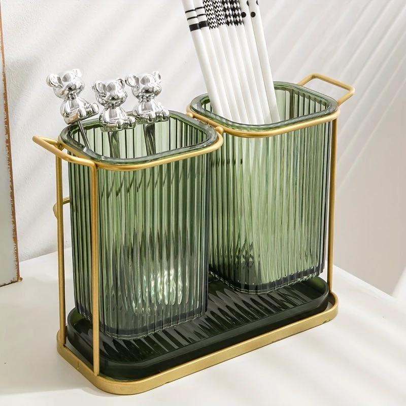 Modern Double Cutlery & Toothbrush Holder with Tray Toothpick Holders