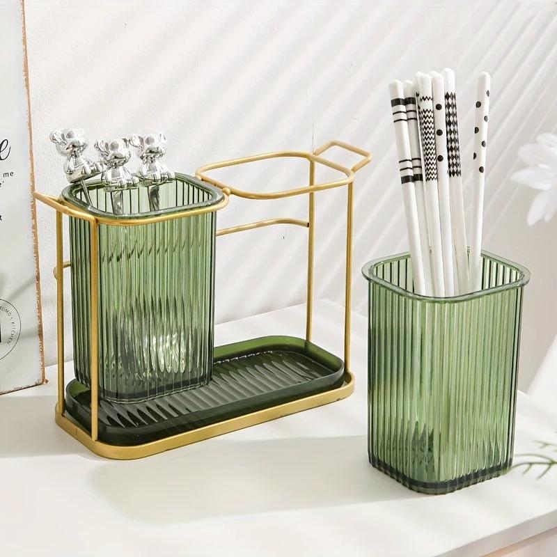 Modern Double Cutlery & Toothbrush Holder with Tray Toothpick Holders