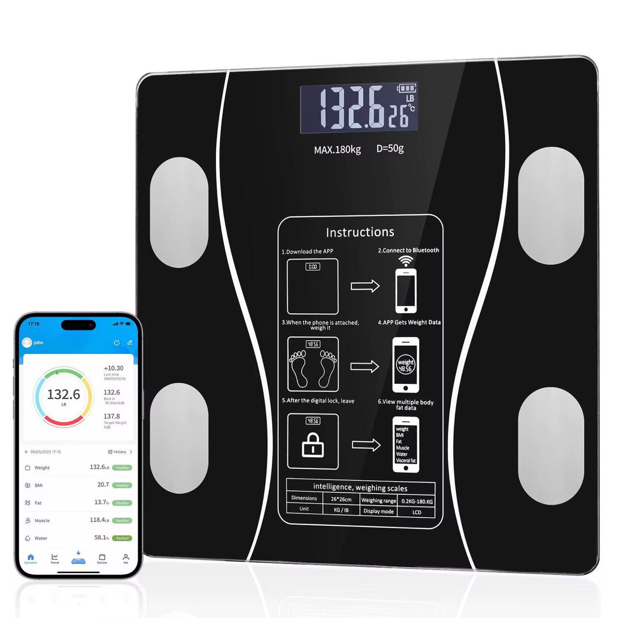 Intelligent Bluetooth BMI Body Weighing Scale with Body Fat and Water Content Testing