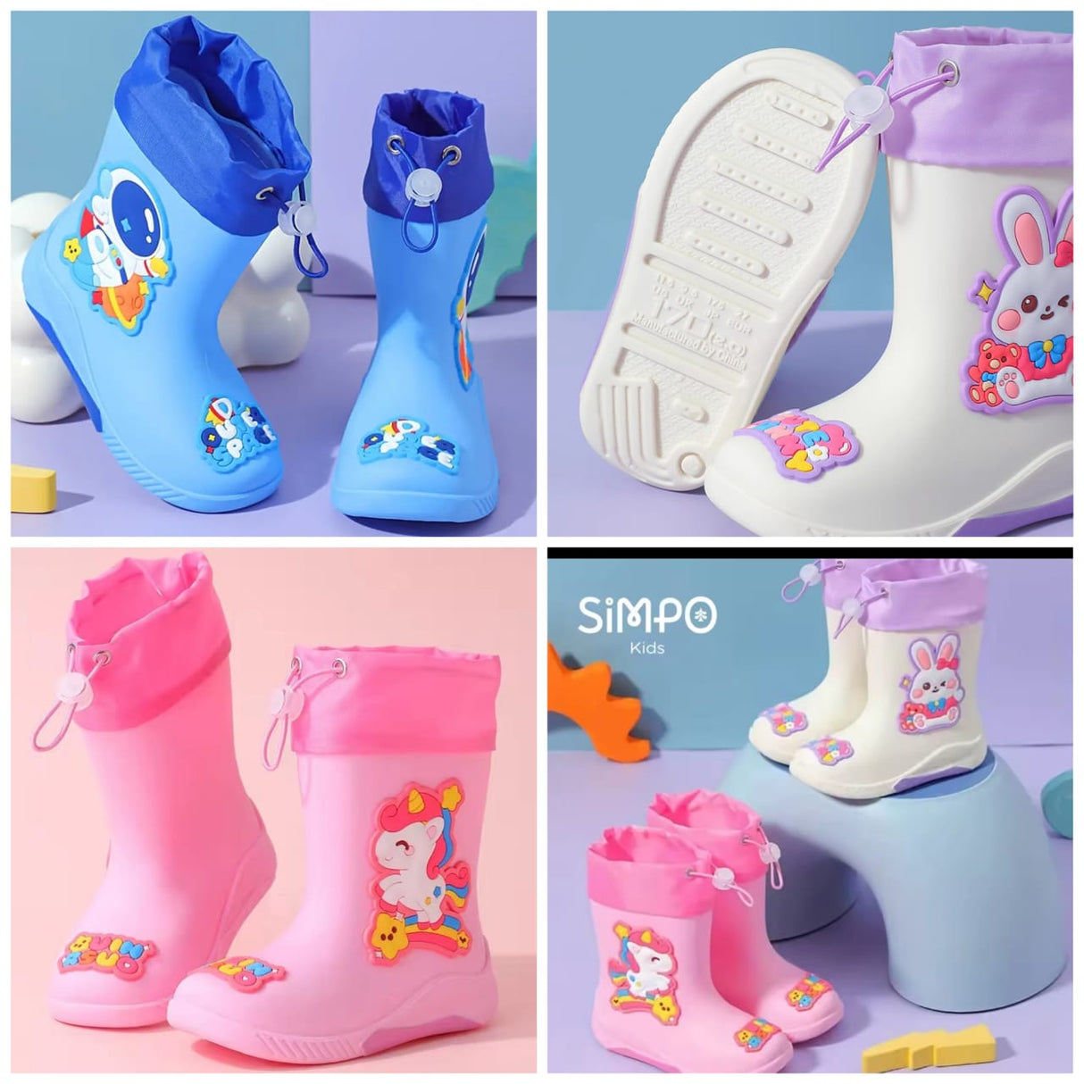 Kids Cartoon Theme Waterproof Gumboots with Adjustable Tie Loop
