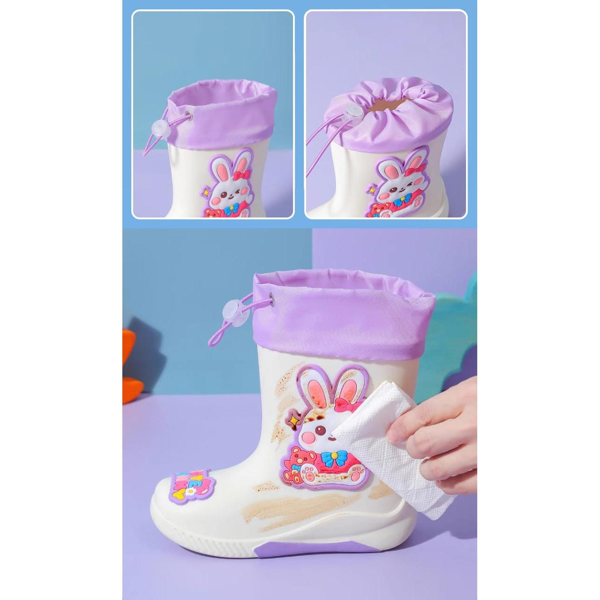 Kids Cartoon Theme Waterproof Gumboots with Adjustable Tie Loop