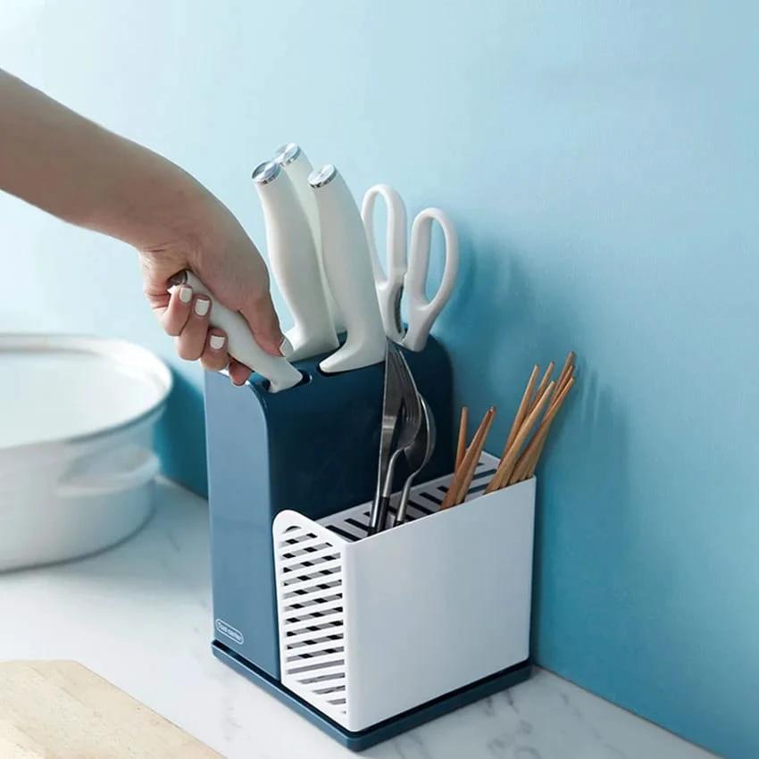 Kitchen Cutlery Organizer Tableware Drainer PP+TPR Material Available in Blue and White Utensils Kitchen Organizers