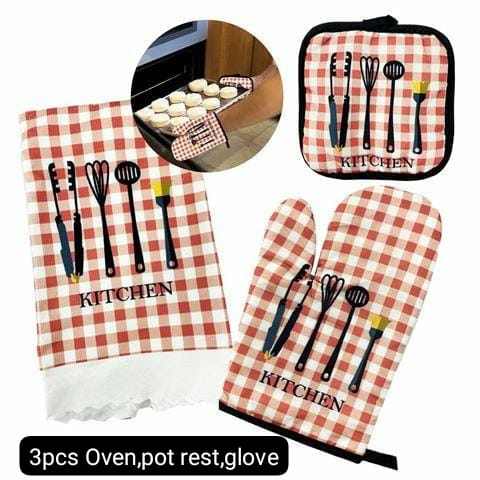 Kitchen Mittens, Pot Rest Holder, and Towel for Cooking and Baking 3pcs Set