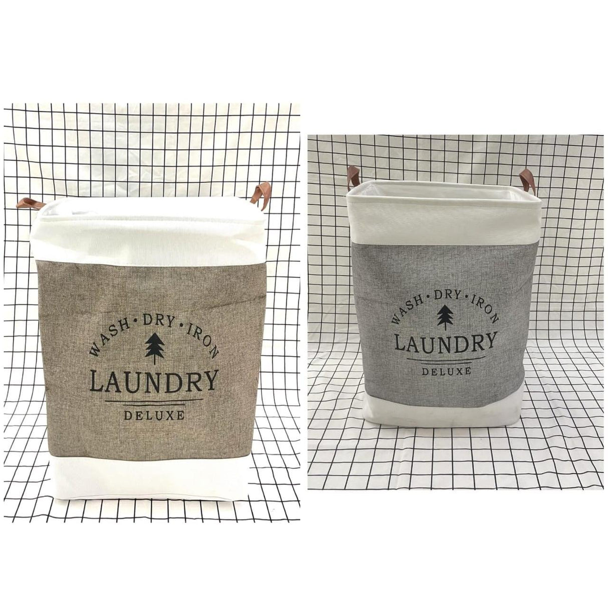 Large Capacity Cotton & Linen Cloth Foldable Laundry Deluxe Baskets with PU Leather Handles | Khaki | Black | 35 cm x 35 cm x 56 cm