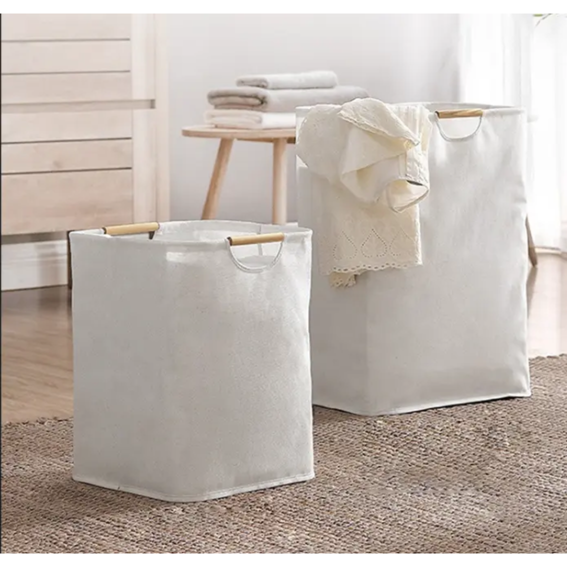 Large Capacity Laundry Hamper with Bamboo Handles Foldable Design.