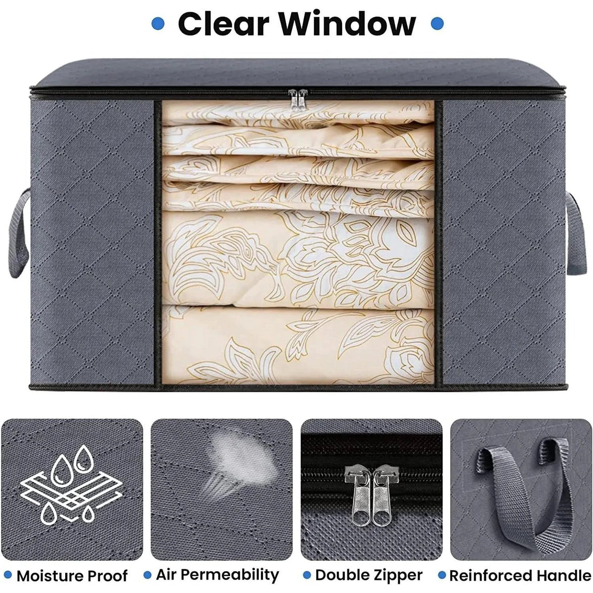 Large Non Woven Storage Organizer Box | 60 x 40 x 35 cm Grey Storage Solution with Transparent Front Window Closet Systems Household Storage Bags