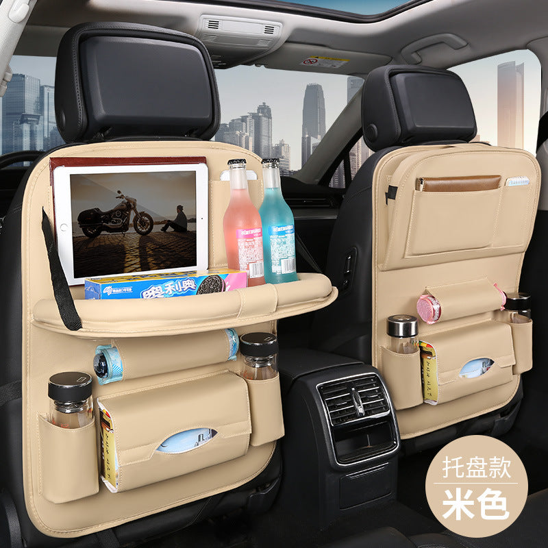 Leather Car Back Seat Organizer Waterproof, Foldable Tray & Multiple Pockets Heavy-Duty Travel Storage Solution.