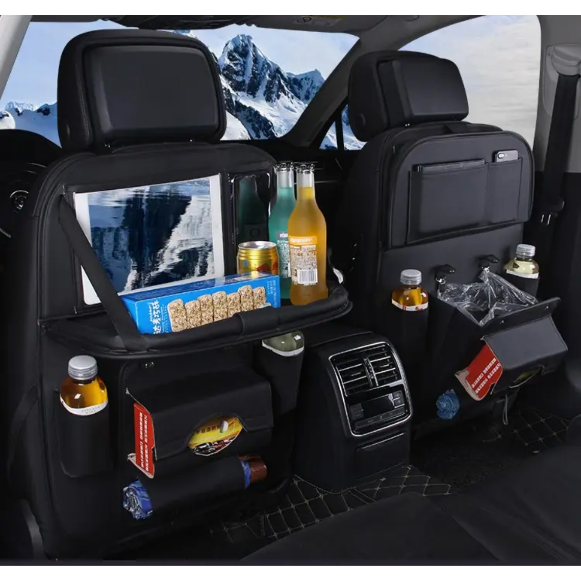 Leather Car Back Seat Organizer Waterproof, Foldable Tray & Multiple Pockets Heavy-Duty Travel Storage Solution.