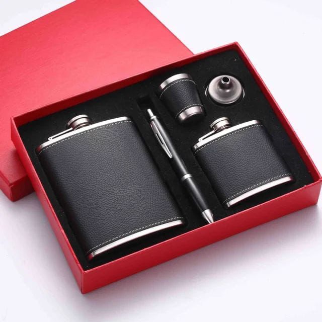 Leather-Covered Whiskey Flasks Gift Set with Tot Glasses and Funnel