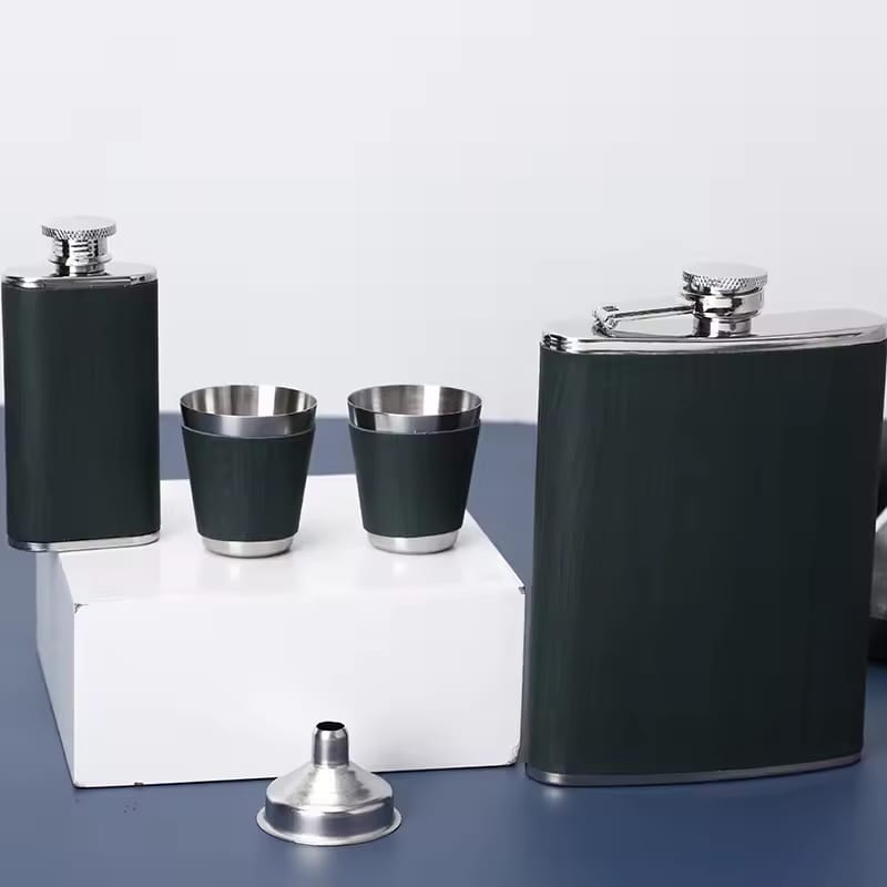 Leather-Covered Whiskey Flasks Gift Set with Tot Glasses and Funnel