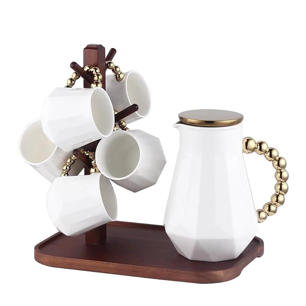 Luxurious Tea Set with Golden Handle, Bamboo Holder and Tray – 6 Cups + 1 Kettle Drinkware Tea Sets