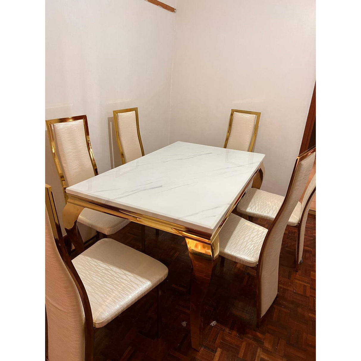 Luxury 6-Seater White Marble Dining Table Set Gold Frame with Cream High Back Chairs
