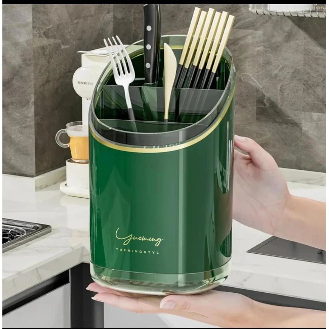 Luxury Acrylic Cutlery Organizer/Holder | 11.5x20cm - Green & White Kitchen Storage Kitchen Utensil Holders