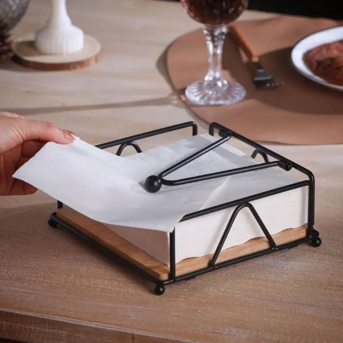Luxury Metallic Serviette Holder Black & Gold Frame with Bamboo Napkin Base Napkin Holders