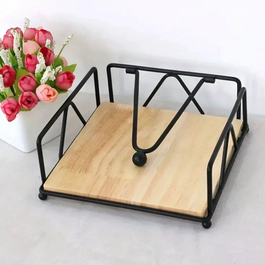 Luxury Metallic Serviette Holder Black & Gold Frame with Bamboo Napkin Base Napkin Holders