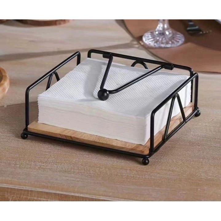 Luxury Metallic Serviette Holder Black & Gold Frame with Bamboo Napkin Base Napkin Holders