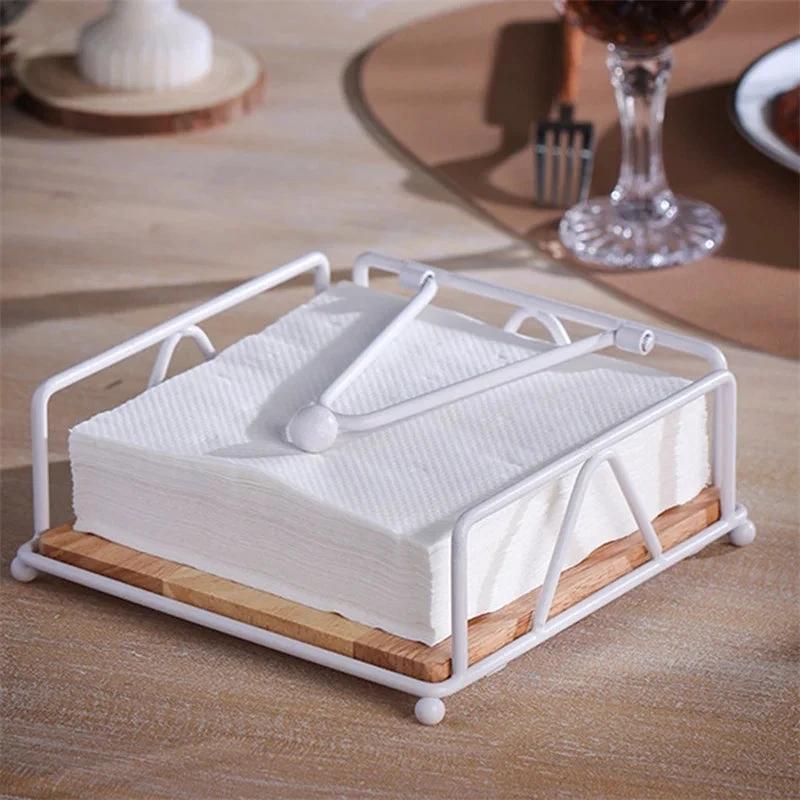 Luxury Metallic Serviette Holder with Bamboo Base 18×18×6.8cm Tableware Napkin Holders