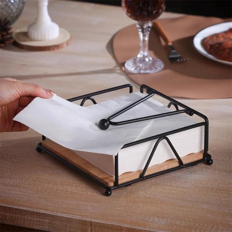 Luxury Metallic Serviette Holder with Bamboo Base 18×18×6.8cm Tableware Napkin Holders