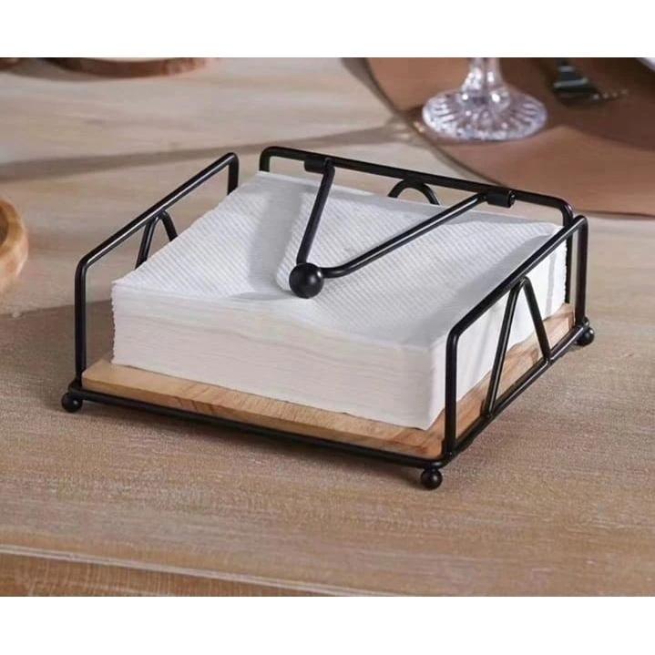 Luxury Metallic Serviette Holder with Bamboo Base 18×18×6.8cm Tableware Napkin Holders