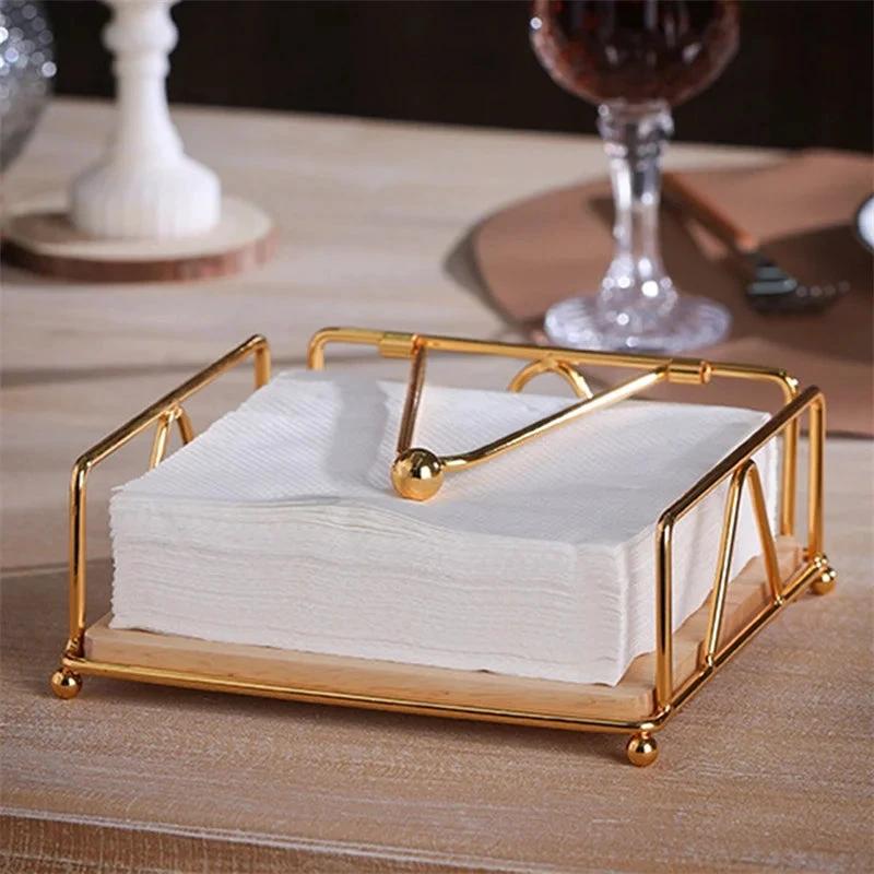 Luxury Metallic Serviette Holder with Bamboo Base 18×18×6.8cm Tableware Napkin Holders