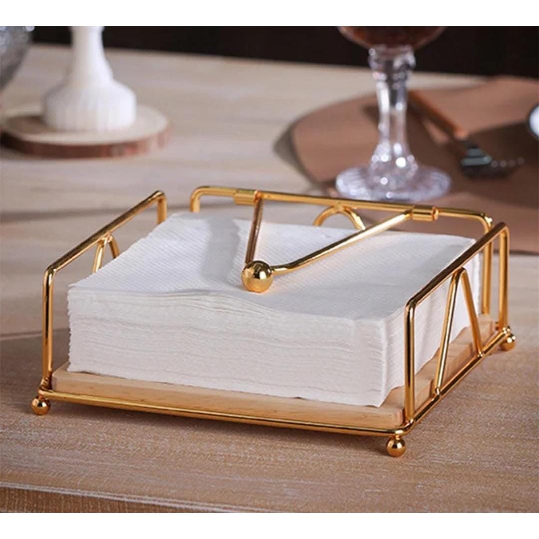 Luxury Serviette Holder with Bamboo Base – Black & Gold Napkin Dispenser