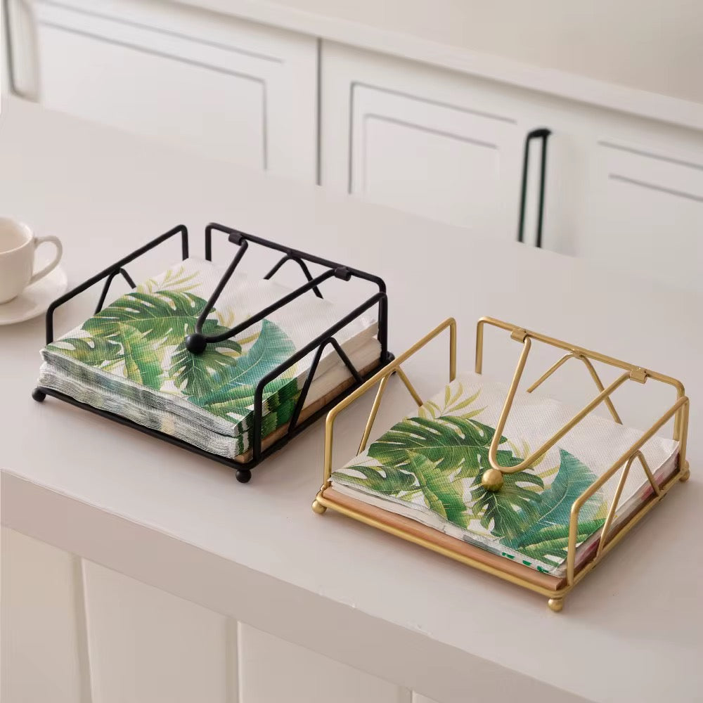 Luxury Serviette Holder with Bamboo Base – Black & Gold Napkin Dispenser