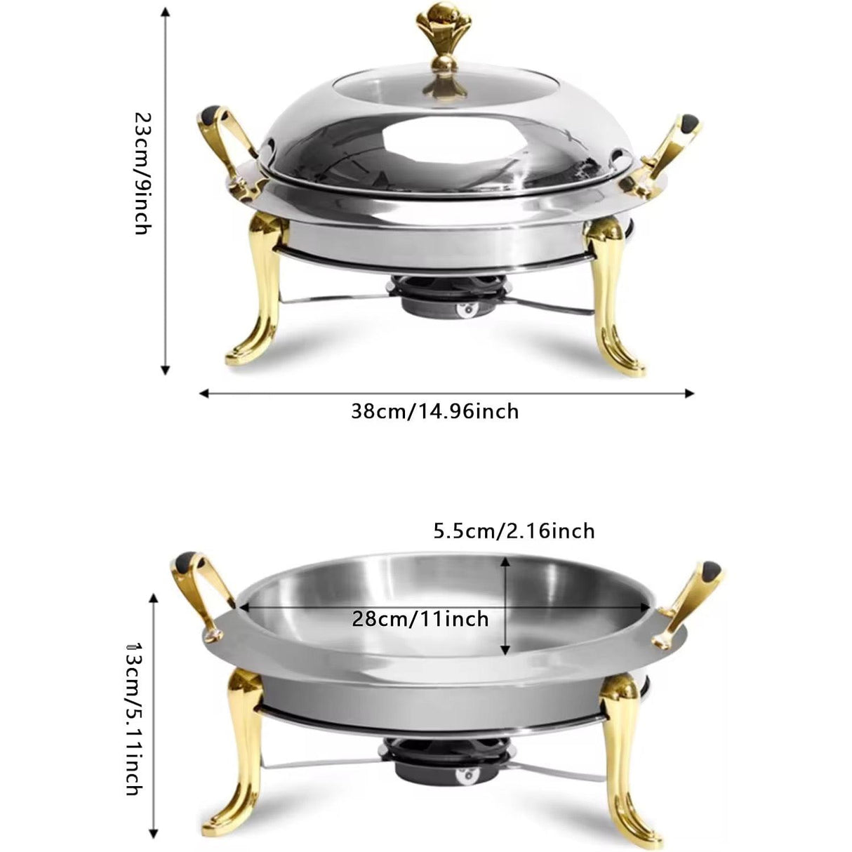 Luxury Stainless Steel Round Chafing Dish – 4L Buffet Food Warmer with Gold Handles & Legs